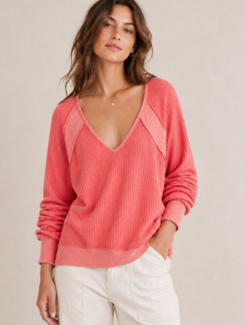 We The Free Top Womens XS Pink Long Sleeve Santa Clara Thermal Raw Edge Slouchy